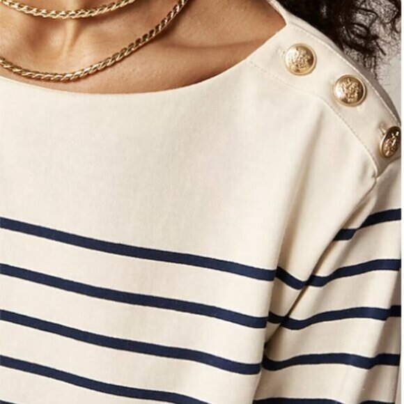 J.Crew Cropped Boatneck T-shirt with Buttons in Mariner Cotton - Size Large - Picture 12 of 14